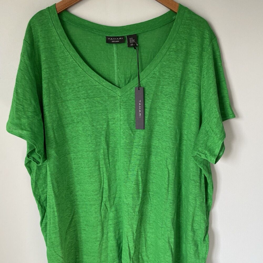Tahari 100% Linen Blouse Top V Neck Short Sleeve Green Women's Size 3X - Picture 3 of 11